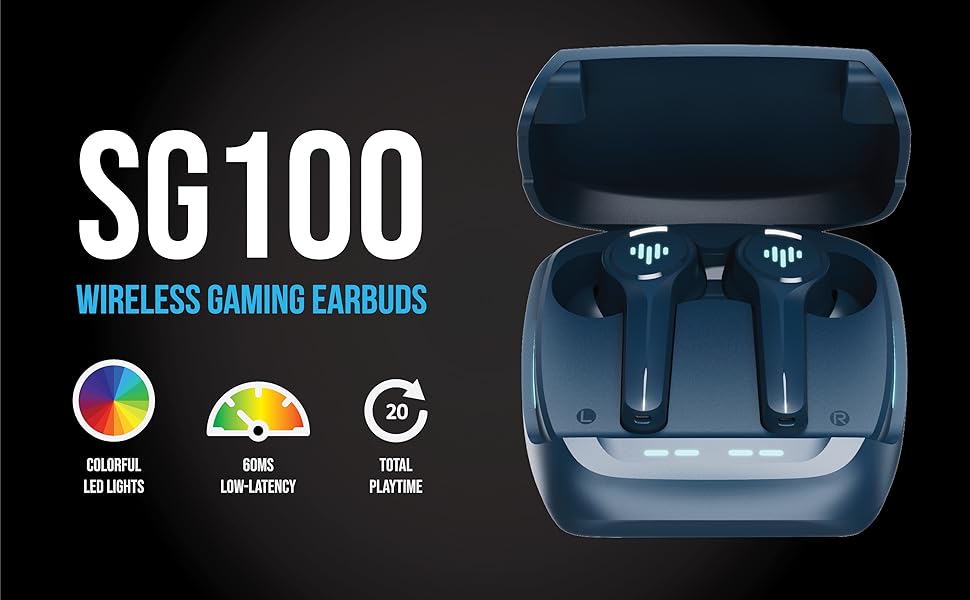 SG100 Gaming Wireless Earbuds, Bluetooth In-Ear with Changing LED Lights Ultra-Low 60Ms Latency and Hands-Free Call MEMS Microphone, Includes Compact Charging Case and 4 Ear Tips, Blue