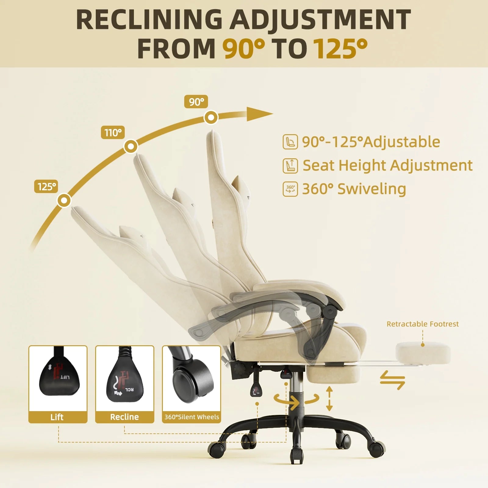 Velvet Fabric Gaming Chair with Footrest High Back Ergonomic Reclining Computer Gamer Chair with Headrest and Massage Racing Style PC Video Game Chair Suitable for Adults, Beige