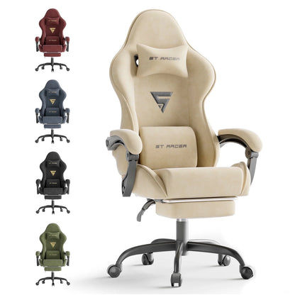 Velvet Fabric Gaming Chair with Footrest High Back Ergonomic Reclining Computer Gamer Chair with Headrest and Massage Racing Style PC Video Game Chair Suitable for Adults, Beige