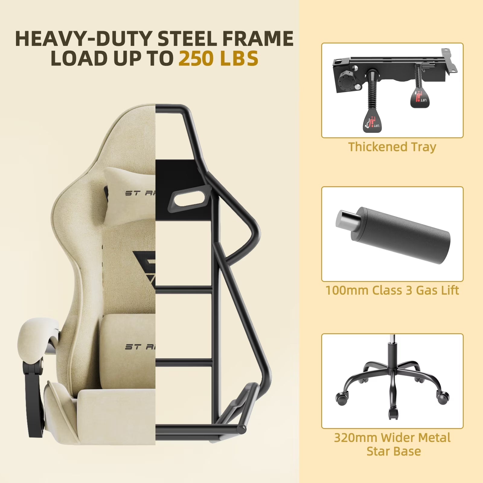 Velvet Fabric Gaming Chair with Footrest High Back Ergonomic Reclining Computer Gamer Chair with Headrest and Massage Racing Style PC Video Game Chair Suitable for Adults, Beige