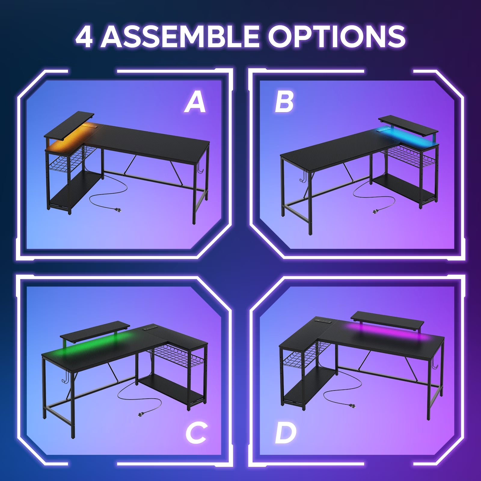 58" Gaming Desk with LED Lights L Shaped Desk with Power Outlet & Monitor Stand Corner Computer Desk in Carbon Fiber