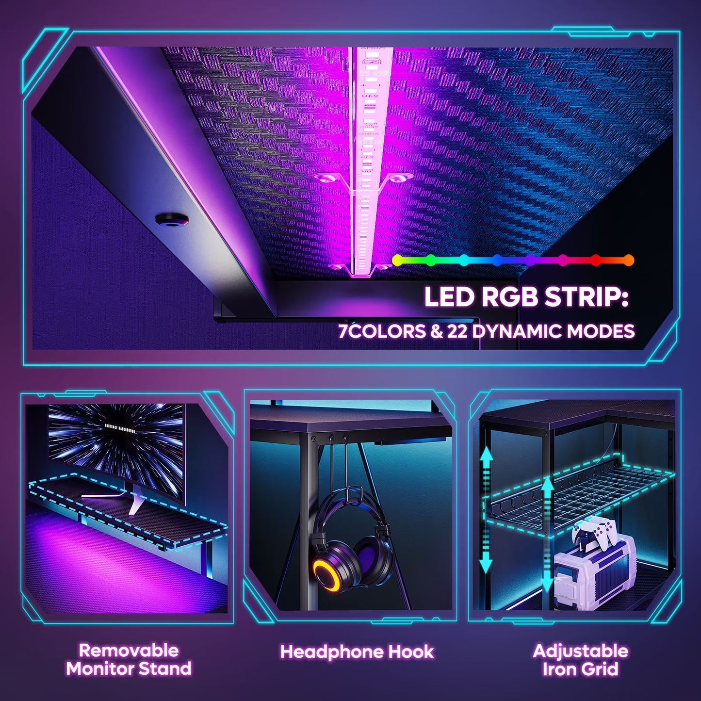 58" Gaming Desk with LED Lights L Shaped Desk with Power Outlet & Monitor Stand Corner Computer Desk in Carbon Fiber
