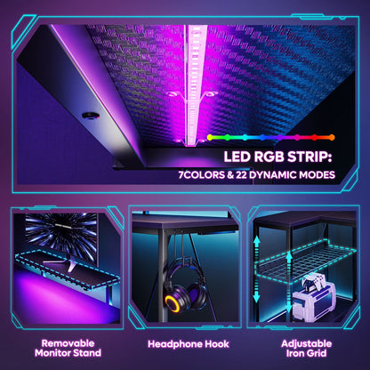 58" Gaming Desk with LED Lights L Shaped Desk with Power Outlet & Monitor Stand Corner Computer Desk in Carbon Fiber