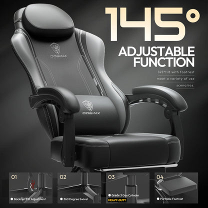 Gaming Chair with Pocket Spring Cushion for Adults, Ergonomic Computer Chair with Footrest and Massage Lumbar Support for Office, Gaming, 300LBS, Grey