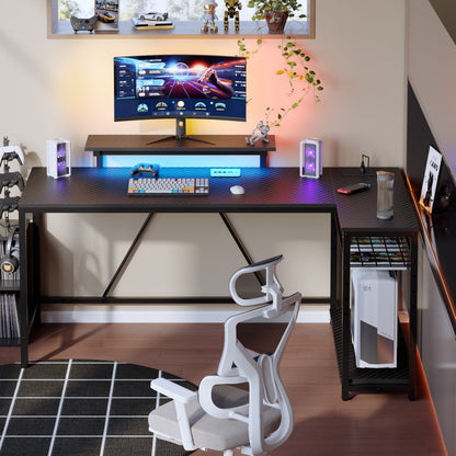 58" Gaming Desk with LED Lights L Shaped Desk with Power Outlet & Monitor Stand Corner Computer Desk in Carbon Fiber