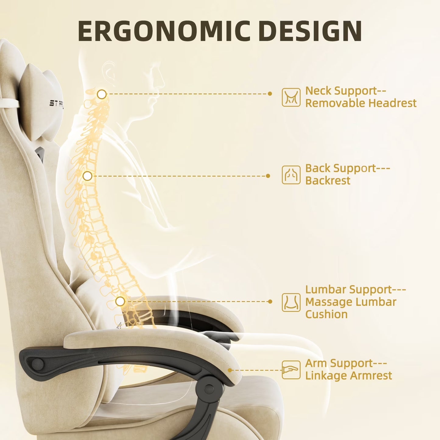 Velvet Fabric Gaming Chair with Footrest High Back Ergonomic Reclining Computer Gamer Chair with Headrest and Massage Racing Style PC Video Game Chair Suitable for Adults, Beige