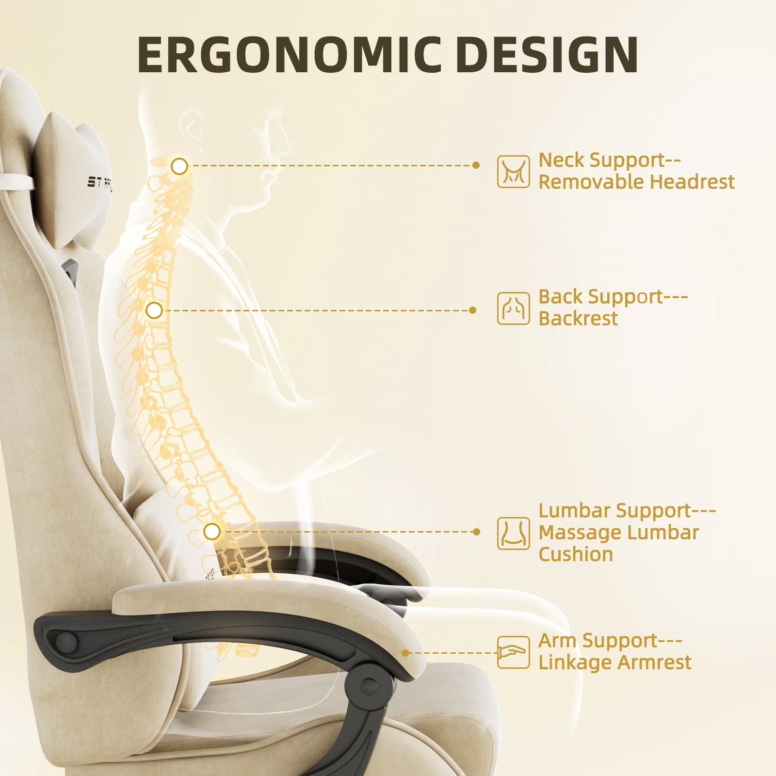 Velvet Fabric Gaming Chair with Footrest High Back Ergonomic Reclining Computer Gamer Chair with Headrest and Massage Racing Style PC Video Game Chair Suitable for Adults, Beige