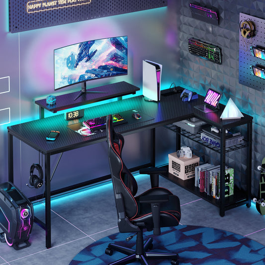 58" Gaming Desk with LED Lights L Shaped Desk with Power Outlet & Monitor Stand Corner Computer Desk in Carbon Fiber
