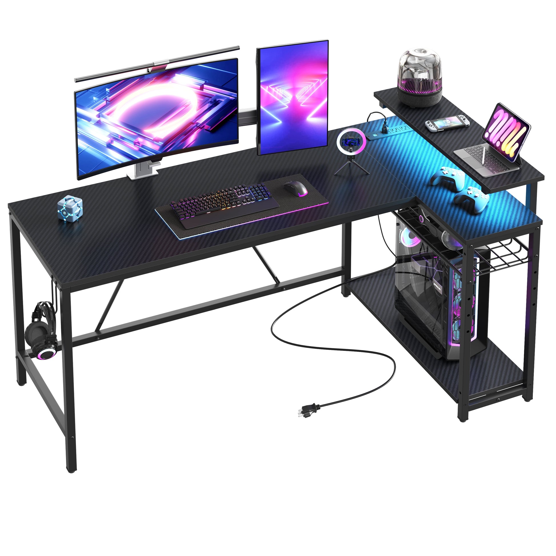 58" Gaming Desk with LED Lights L Shaped Desk with Power Outlet & Monitor Stand Corner Computer Desk in Carbon Fiber