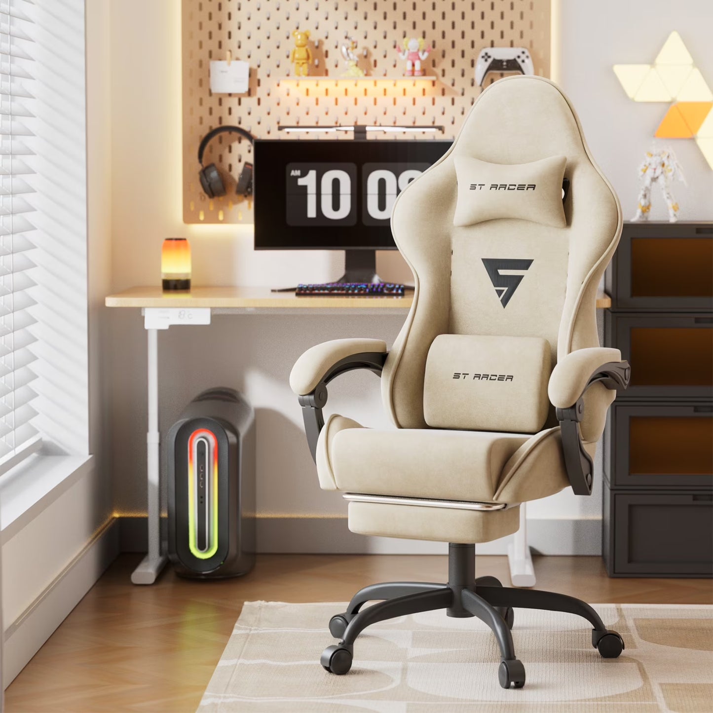 Velvet Fabric Gaming Chair with Footrest High Back Ergonomic Reclining Computer Gamer Chair with Headrest and Massage Racing Style PC Video Game Chair Suitable for Adults, Beige