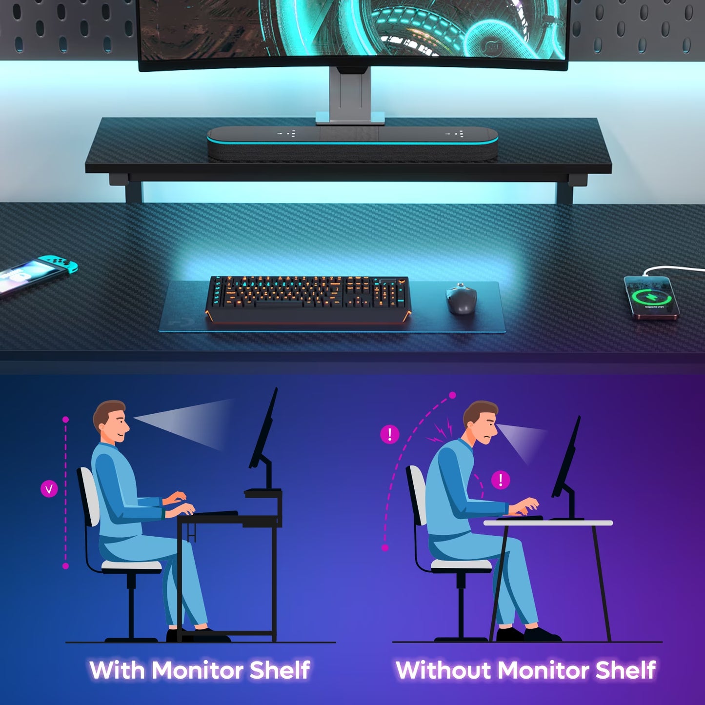 58" Gaming Desk with LED Lights L Shaped Desk with Power Outlet & Monitor Stand Corner Computer Desk in Carbon Fiber