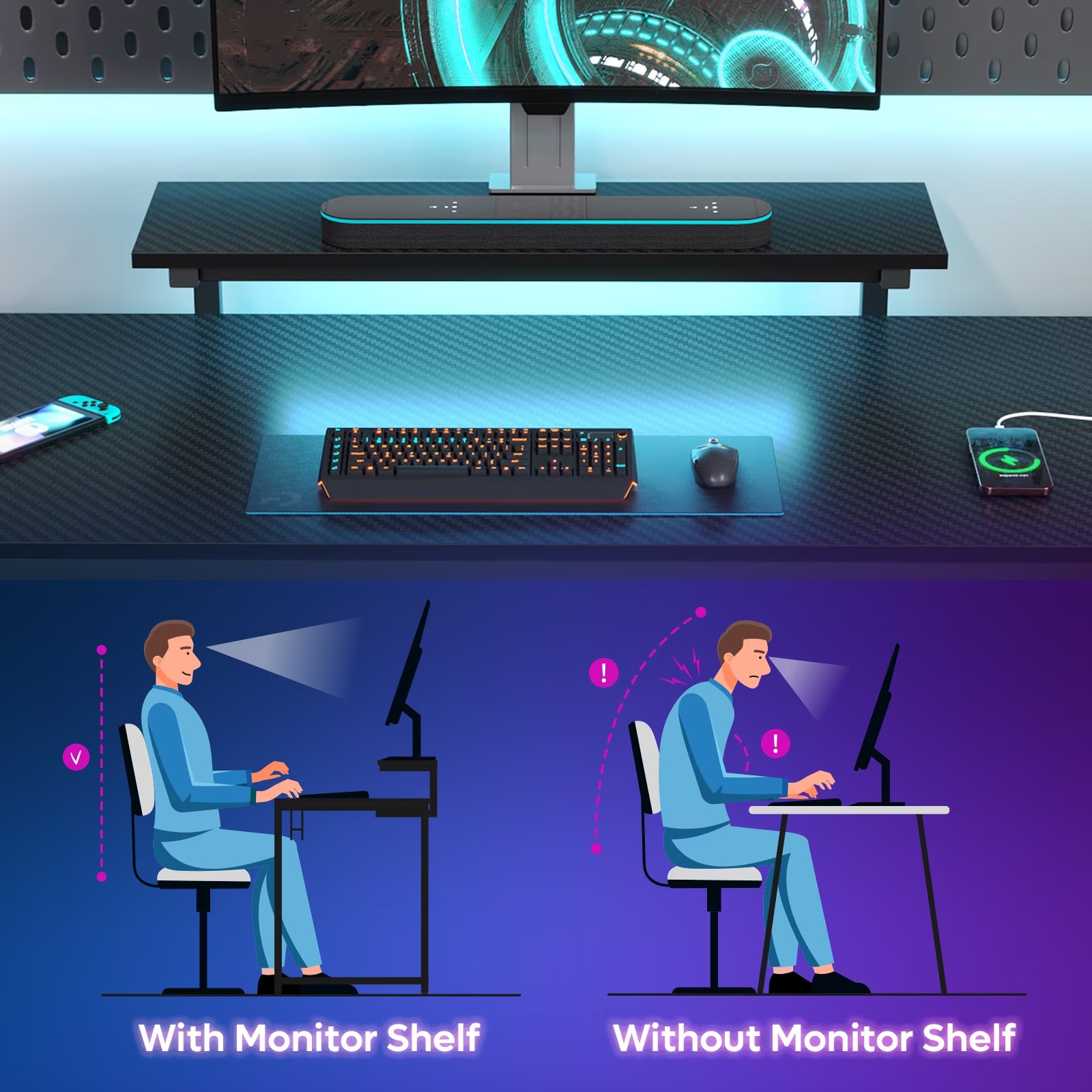 58" Gaming Desk with LED Lights L Shaped Desk with Power Outlet & Monitor Stand Corner Computer Desk in Carbon Fiber
