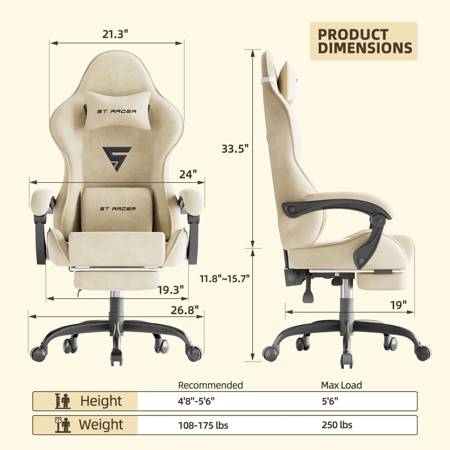 Velvet Fabric Gaming Chair with Footrest High Back Ergonomic Reclining Computer Gamer Chair with Headrest and Massage Racing Style PC Video Game Chair Suitable for Adults, Beige