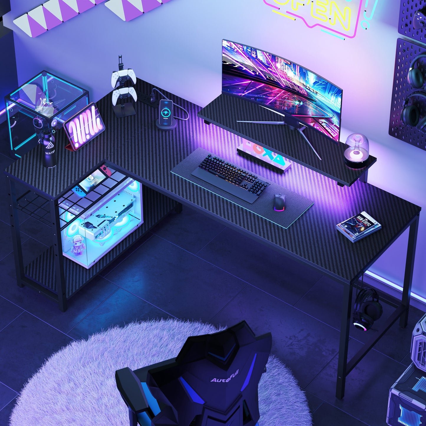 58" Gaming Desk with LED Lights L Shaped Desk with Power Outlet & Monitor Stand Corner Computer Desk in Carbon Fiber