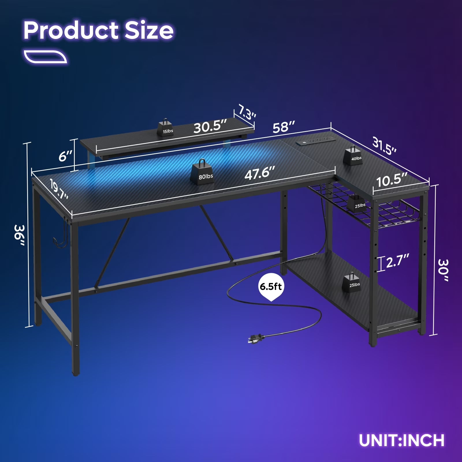 58" Gaming Desk with LED Lights L Shaped Desk with Power Outlet & Monitor Stand Corner Computer Desk in Carbon Fiber